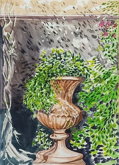 Acuarela única captura el juego de luces en los Jardines de Monforte