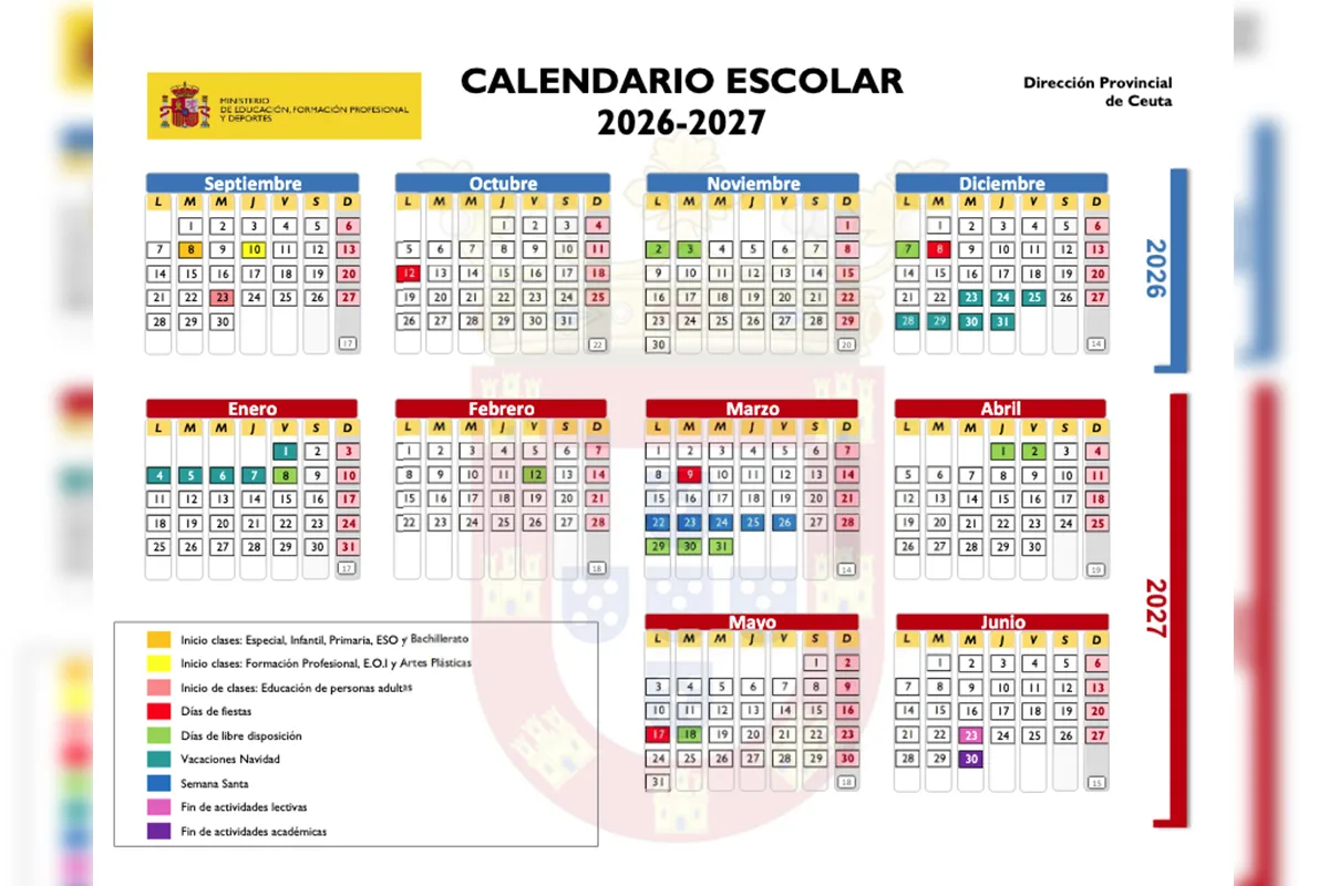 Calendario escolar 2026-2027 en Ceuta: fechas clave, puentes y vacaciones