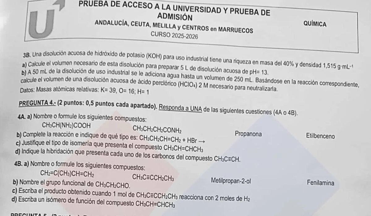 Disponible el examen completo de Química de la PAU 2026 en Andalucía con análisis de su dificultad