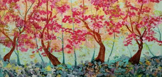 Óleo original "Arboreda rojiza dentro del bosque" disponible en ARTEnet