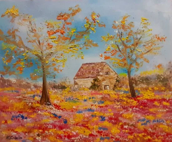 Óleo original “Casa de campo en primavera” de Antonio Sánchez Cabello disponible en ARTEnet