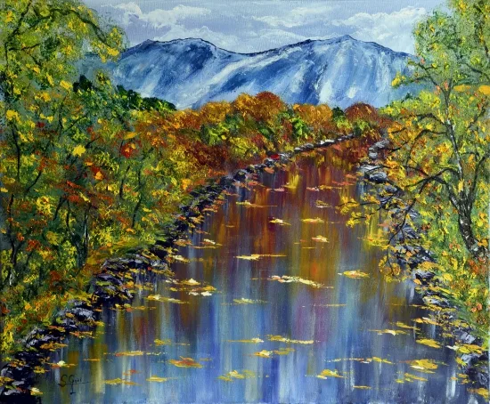 Óleo original de Río Gándara en otoño refleja la tranquilidad del paisaje