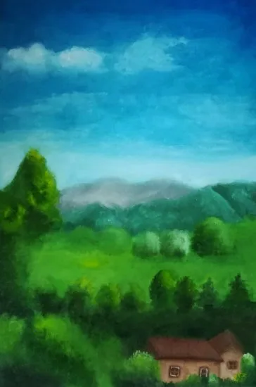 Óleo original sobre tabla "Casita en el campo" disponible para venta internacional
