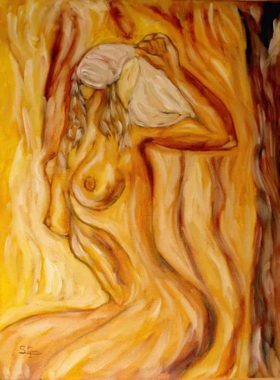 Obra original de Santi Goñi Güemes: óleo sobre lienzo con figura femenina dorada