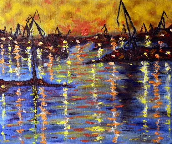 Pintura impresionista de grúas en Sestao por la noche, obra original a la venta